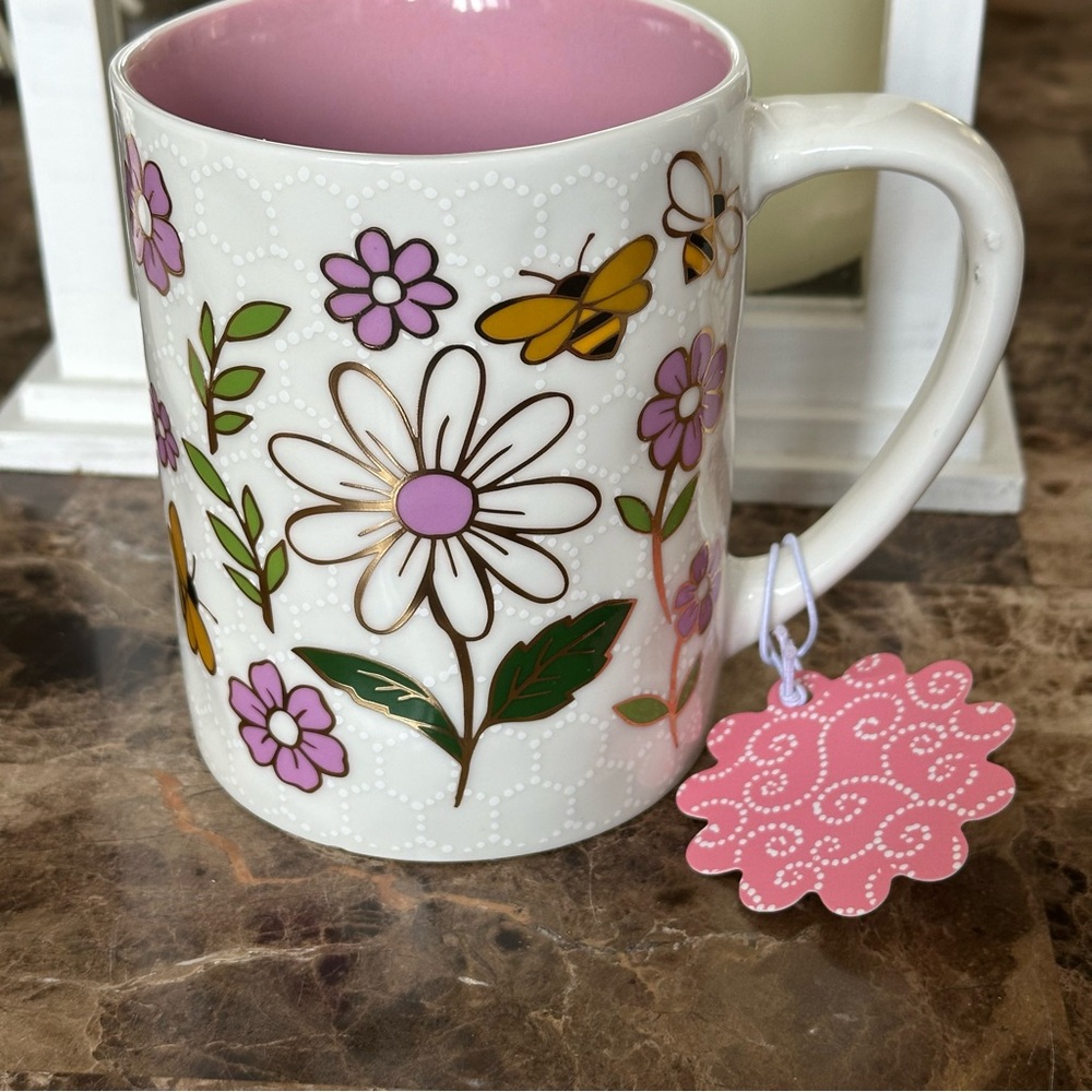 Seeds & Sunshine Mug Gold Trimmed Flowers And Bumblebees Pink Interior New